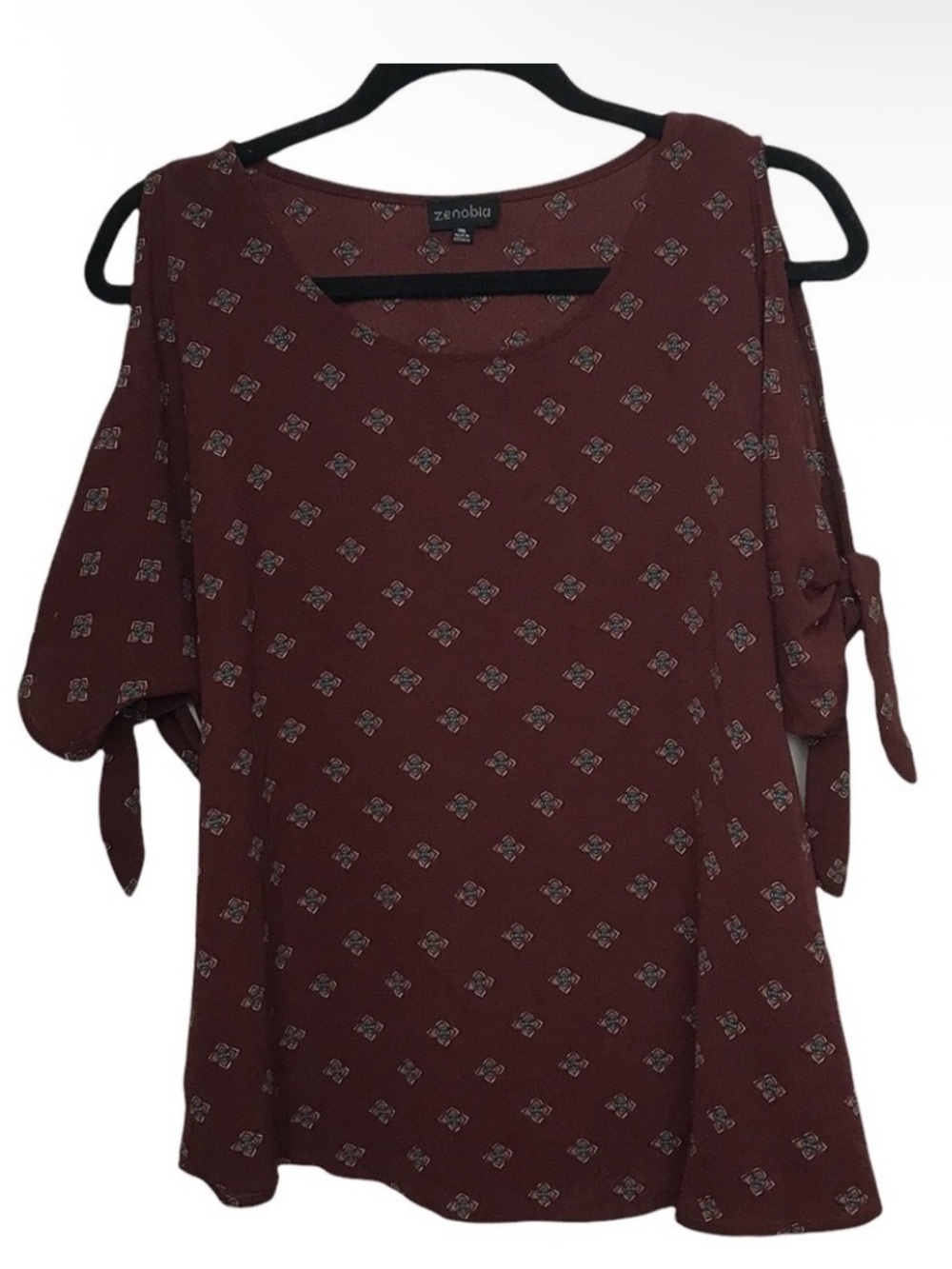 Zenobia Burgundy Floral Print Cold Shoulder Blouse